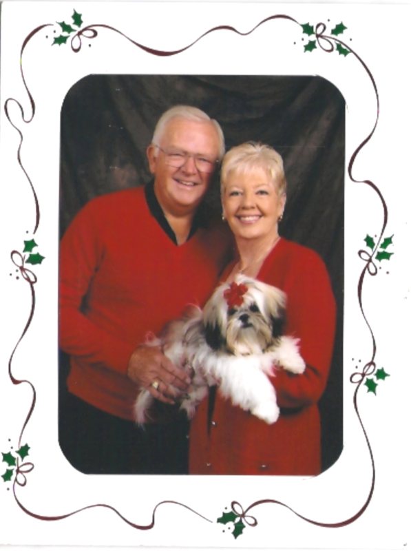 A couple in a holiday portrait holding a Shih Tzu puppy